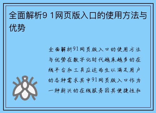 全面解析9 1网页版入口的使用方法与优势